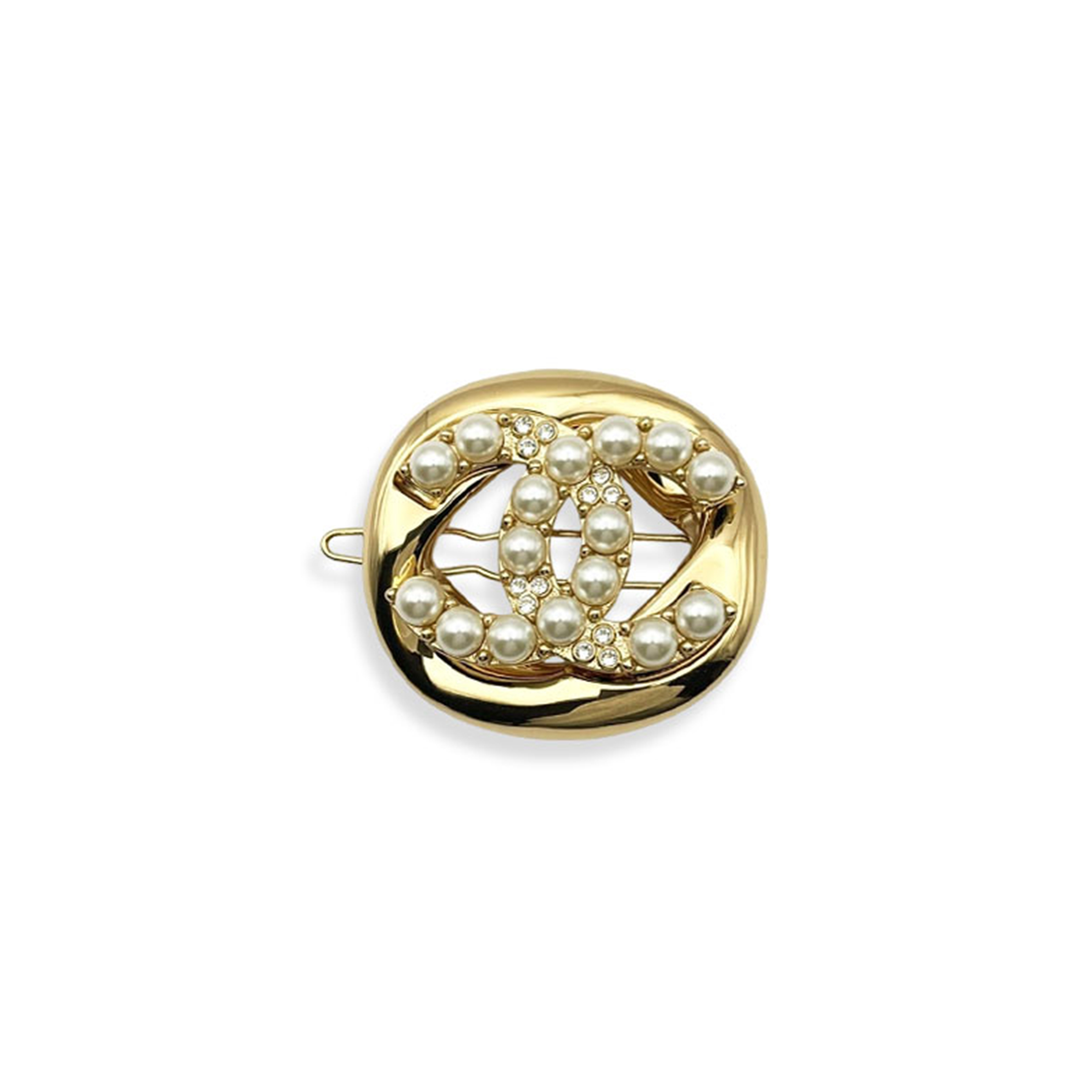 CHANEL HAIR CLIP, PLATED RHINESTONES FAUX PEARL GOLD ABD743 